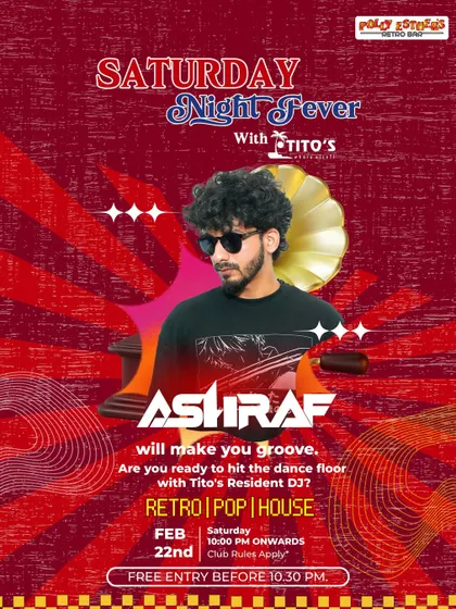 The official event poster for a "Saturday Night Fever" party where I was the featured resident DJ. I am experienced in performing for themed nights, including Retro, Pop, and House music sets.