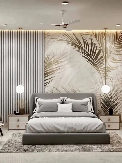 A modern bedroom design from a 3D render, featuring a combination of fluted wood panels and a large, gold-toned botanical wallpaper. The pendant lights and clean lines add to the sophisticated, contemporary look.