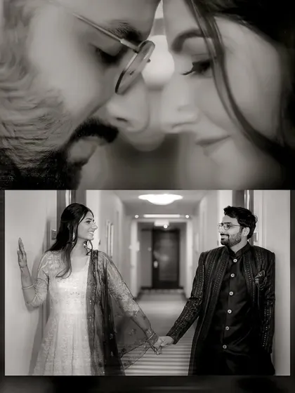 A diptych of Sahil and Disha's black and white portraits, one intimate close-up and one full-length shot.