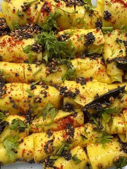 Our Khandvi is a true labour of love, made from scratch using a traditional recipe. These soft, delicate rolls are tempered with mustard seeds and garnished with fresh coriander, making them a perfect Gujarati snack for any occasion.