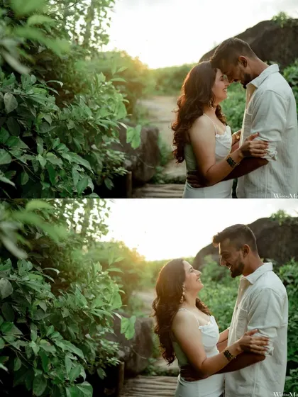 A diptych capturing an intimate moment amidst lush greenery by the Goan coast. The warm sunset light filters through the leaves, creating a magical and romantic glow.