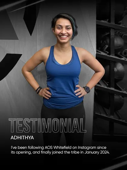 Adhithya's testimonial graphic, highlighting her journey from a follower to a committed member of our community.
