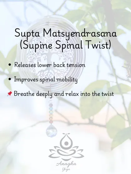 Supta Matsyendrasana (Supine Spinal Twist) is a gentle pose I use to release lower back tension and improve spinal mobility for clients with back pain.