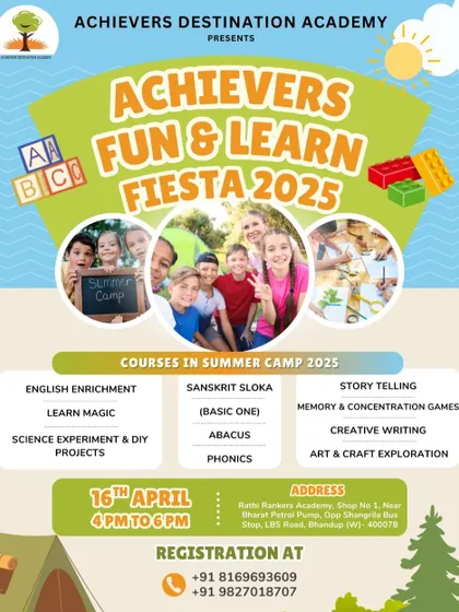 Our Fun & Learn Fiesta 2025 in Bhandup West, Mumbai, is here! This poster invites kids to join an evening batch filled with courses like English enrichment, magic, and Abacus.