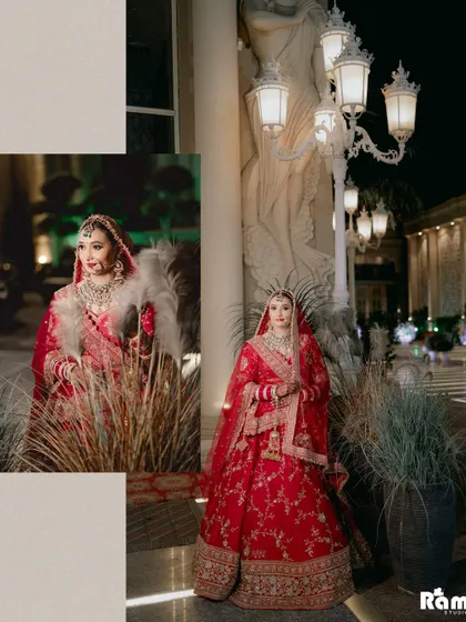 A collage of the bride's portraits taken at night, with beautiful outdoor lighting creating a magical and glamorous atmosphere.