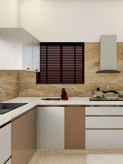 A duplicate of 65, focusing on the functional corner of the kitchen with its sink, hob, and storage.