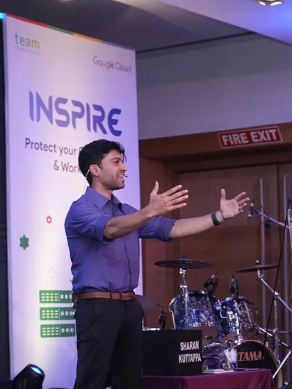 Open arms, ready to engage the crowd at the Google Cloud "Inspire" event. My body language is a huge part of my high-energy performance style.