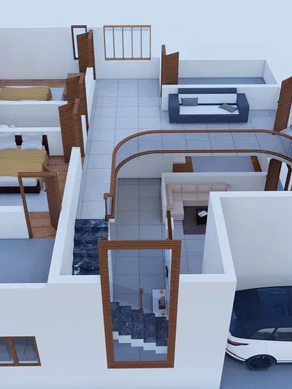 A 3D floor plan that brings a home's layout to life. This visualization tool helps you understand the flow between rooms, the scale of the space, and how different areas connect, like the curved staircase and open-plan living area.