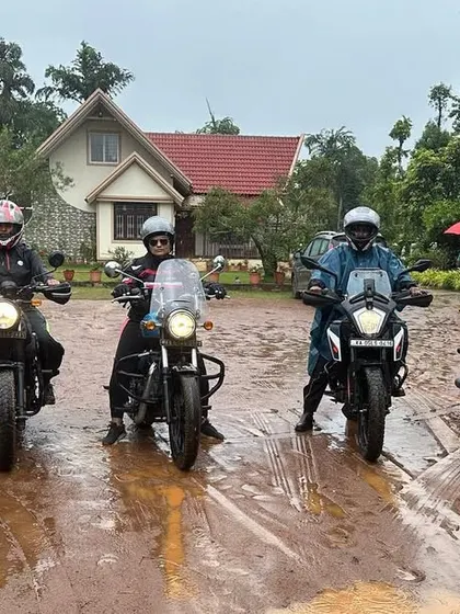 A group of our riders ready to set off in the rain. We are prepared for all conditions and embrace the adventure.