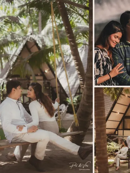 A collage showcasing a pre-wedding shoot at a tropical resort, featuring a swing, cozy cabins, and relaxed portraits.
