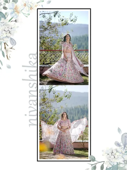 A vertical diptych of the bride twirling in her beautiful floral lehenga during her Mehandi event. The mountain scenery adds a sense of grandeur to the portraits.