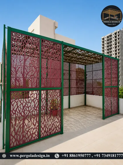 A rooftop pergola featuring decorative laser-cut panels in a vibrant color scheme. The tree-of-life pattern adds an artistic and personalized touch, making this structure a true centerpiece of the terrace.