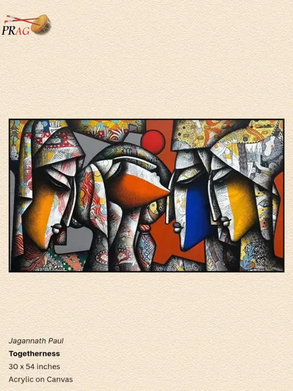 This powerful abstract work, 'Togetherness' by Jagannath Paul, explores human connection through bold forms and a dynamic color palette. The interplay of faces and shapes creates a visual dialogue that is both modern and deeply emotional, making it a significant piece for art investors and connoisseurs.