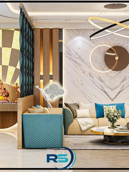 A living room design that beautifully incorporates a dedicated pooja space. A decorative partition separates the serene mandir from the main seating area, which features a modern sofa and a statement marble accent wall.