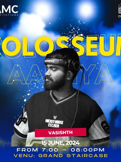 The official poster for the "Colosseum" fest at AMC Institutions, featuring me as a headlining artist for the night.
