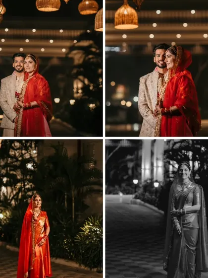 A collage of portraits of the couple and the bride on their wedding night. The warm lighting and their elegant attire create a romantic and sophisticated feel.