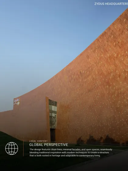 The Zydus Headquarters in Ahmedabad showcases our principle of creating a global perspective rooted in local context. The design features clean lines and open spaces, blending traditional inspiration with modern techniques for a timeless structure.