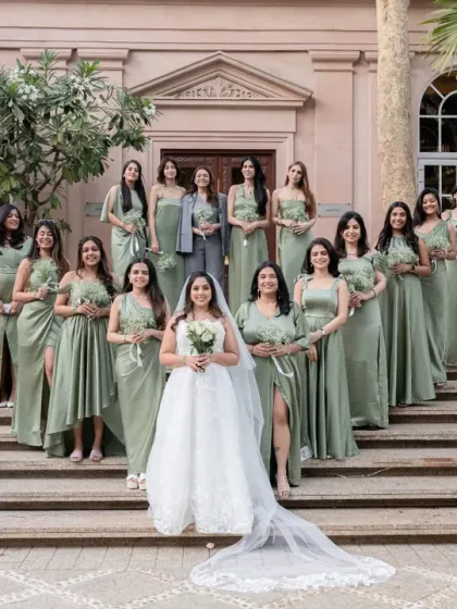 A beautiful portrait of the bride with her bridesmaids, all dressed in elegant matching gowns. This photo is a tribute to the bride tribe and their supportive friendship.