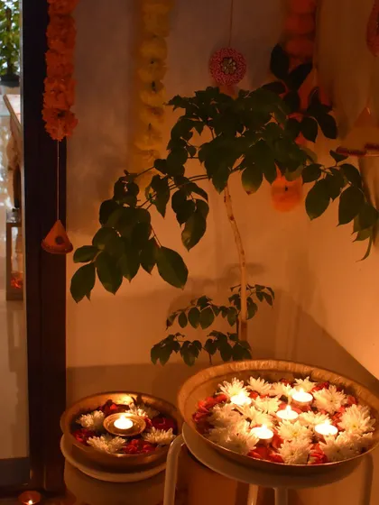 Another shot of the floating diya arrangement. The simplicity of this decor is its beauty.