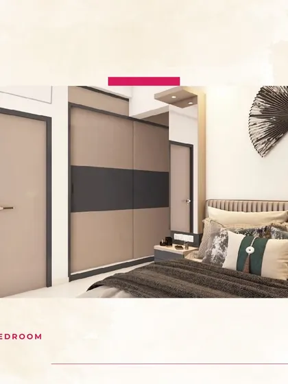 This 3D bedroom design shows a two-tone sliding wardrobe and a simple, elegant bed setup, perfect for a modern and uncluttered look.