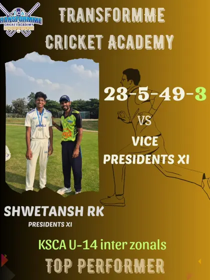 A 3-wicket haul for Shwetansh against the Vice President's XI in the KSCA U-14 Inter-Zonals.