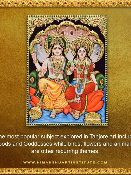 An example of a classic Tanjore painting featuring deities, characterized by its gold foil work and embedded gems. We offer classes that teach this opulent South Indian art form.