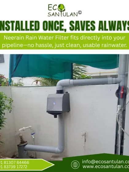 This is what a finished installation looks like. The Neerain filter fits neatly into your existing pipeline, working silently to recharge your borewell or fill your storage tanks with clean rainwater. It's a one-time setup for a lifetime of water savings.