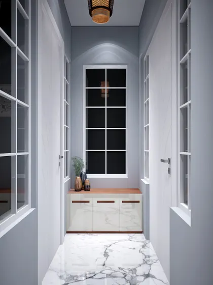 Stepping into elegance, one detail at a time. This stunning entryway blends modern minimalism with timeless charm, featuring a marble floor, clean white walls, and a simple console.