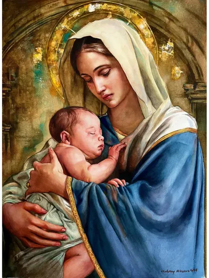 The completed watercolor of Mother Mary and Jesus. This was a commissioned piece, and my goal was to create a composition that felt both divine and deeply human.