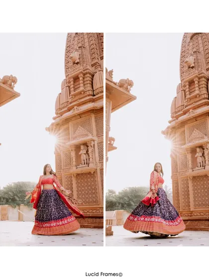 A diptych of the bride twirling in her vibrant lehenga against the backdrop of the sunlit temple.