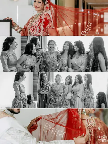 A collage showing the bride with her bridesmaids, sharing a laugh. These moments of friendship and support are a key part of the wedding story.