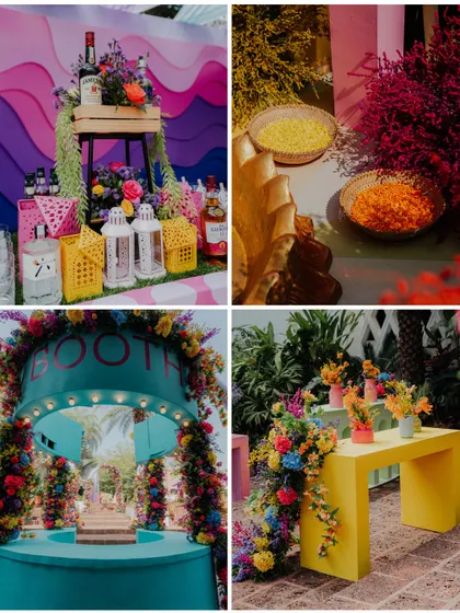 A collage of decor elements from the W Goa carnival party, showing the vibrant bar, food stalls, and photo booth.