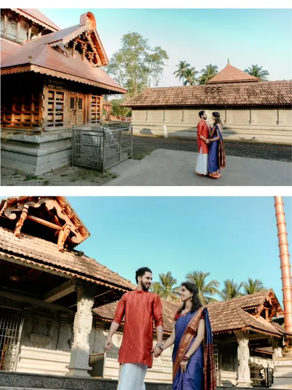 A collage from a traditional pre-wedding shoot at a heritage site, capturing the couple against the beautiful architecture under a clear blue sky.