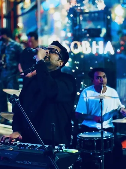 Performing at a corporate event for Sobha Realty. We tailor our setup and sound to fit any venue, from outdoor stages to elegant indoor ballrooms.