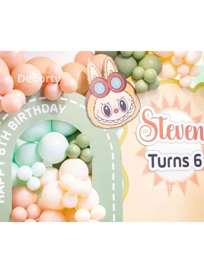 A detail shot of the custom signage for 'Steven Turns 6' at his Labubu-themed party.