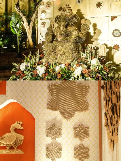 A collage showing the ghungroo Ganesha and other detailed elements, like the ghungroo-adorned peacock, that brought the theme to life.