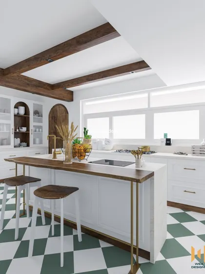 The island counter features a live-edge wooden plank for the breakfast bar, supported by elegant brass legs.