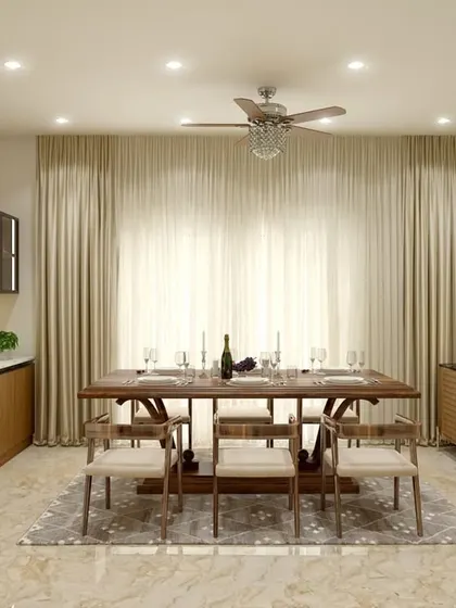 A formal dining room designed for Mr. Aniketh's home. The space features a solid wood table, elegant chairs, and custom cabinetry with a marble backsplash, all brought together by warm, ambient lighting.