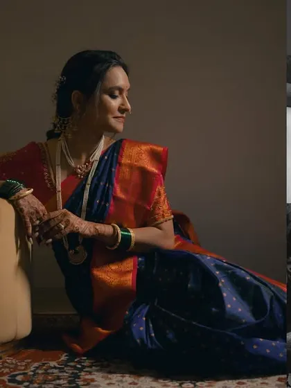 A mix of color and black and white shots showing the bride in a moment of quiet reflection. This collage captures the calm before the ceremony begins, focusing on her posture and details.