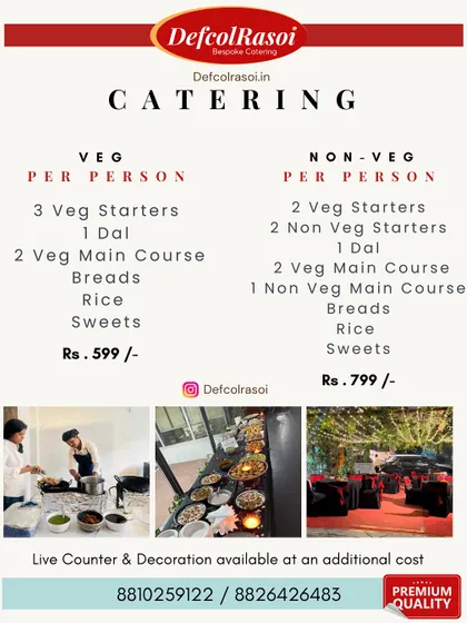 Planning a party? Our catering packages are designed to be simple and customizable. This menu shows our per-person pricing for both vegetarian and non-vegetarian options, making it easy to plan the food for your next event.