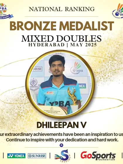 Dhileepan V securing a Bronze medal in Mixed Doubles at the National Ranking tournament in Hyderabad.