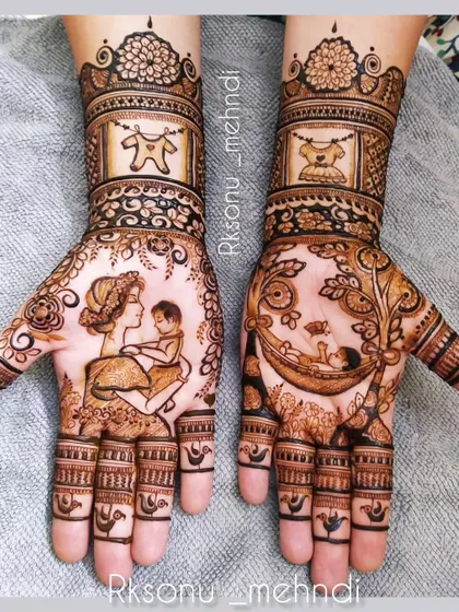 This whimsical design tells the story of a mother's love. One hand features a mother holding her child, while the other shows a baby peacefully sleeping in a cradle, surrounded by delicate floral and leaf patterns.