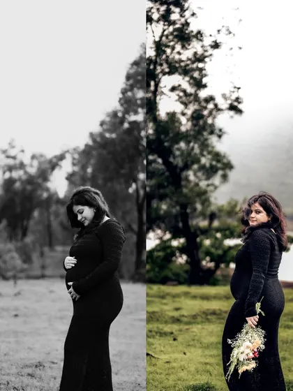 A split-screen image showing the same pose in both black and white and color, highlighting the different moods that can be created.