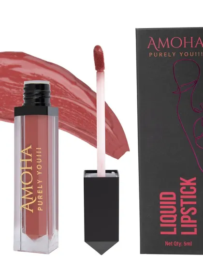 The dusty rose 'Amoha' lipstick with its box and a color swatch.