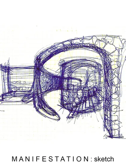 An exploratory sketch, where lines and forms are used to investigate the dynamic potential of a space.