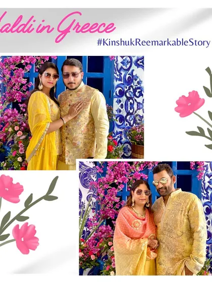 Couples capturing a sweet moment amidst the wedding chaos. The vibrant, custom backdrop adds a touch of Santorini to this Jaipur celebration.
