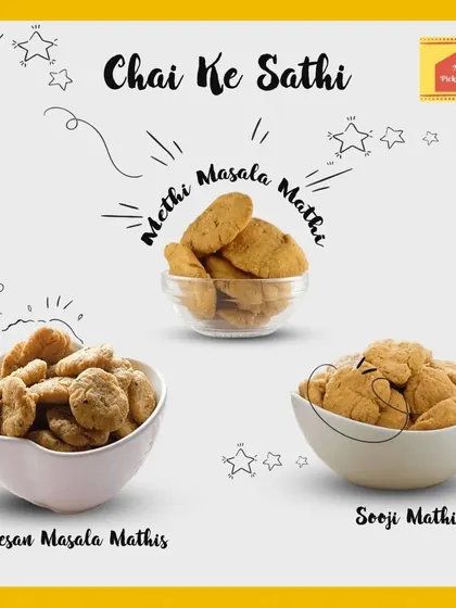My 'Chai ke Sathi' are the perfect companions for your daily cup of tea. This picture shows some of my classic mathris: the fragrant Methi Masala, the wholesome Besan Masala, and the light, crispy Sooji Mathi. Each one is made to give you that comforting, homemade flavour.