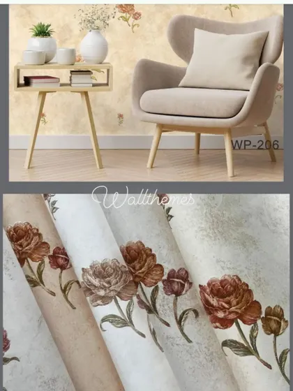 A collage showing a scattered floral wallpaper in a room setting and close-ups of different color rolls.