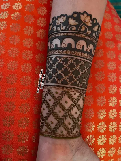 This design showcases multiple traditional bands, including a row of elephants and a lotus border. I teach how to create these thematic bands and combine them effectively.