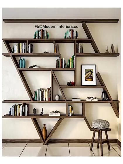 This modern, asymmetrical bookshelf is a piece of art in itself. The dark wood and interesting angles create a dynamic display for books and decorative objects.